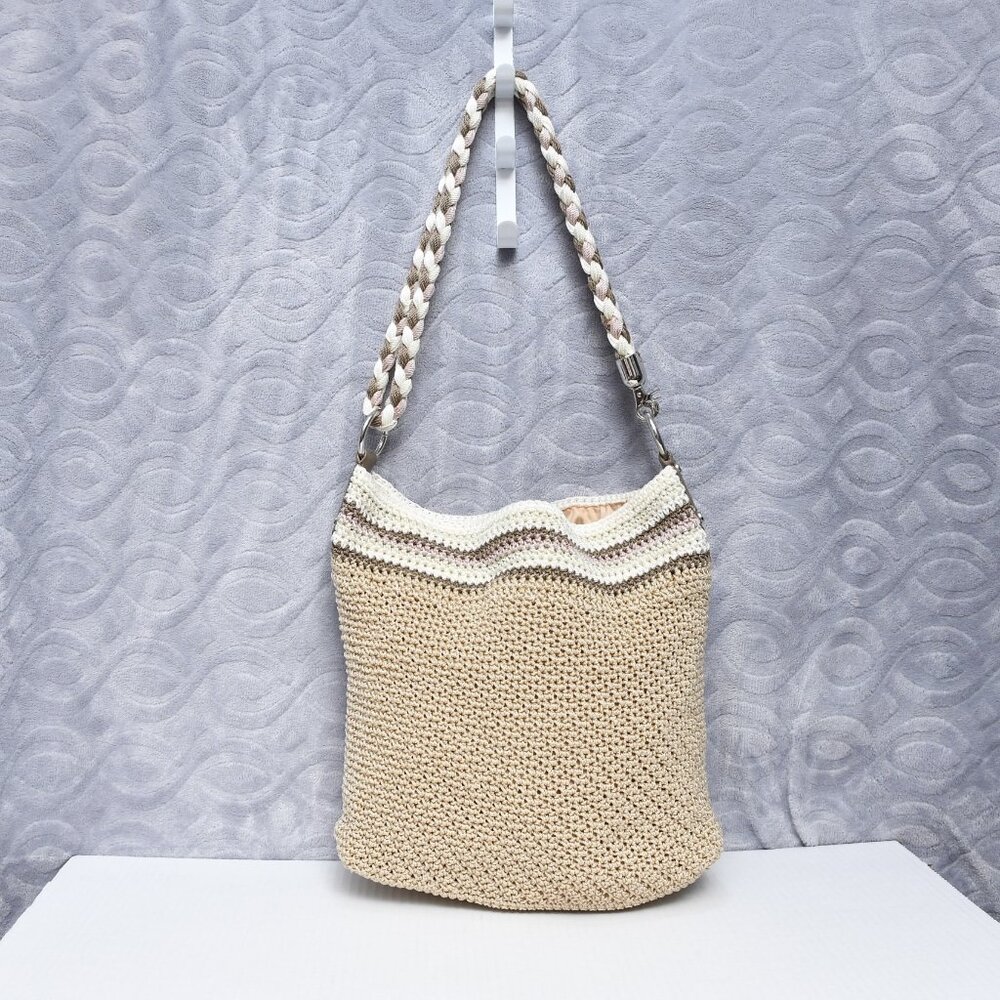 The Sak Brown Cream Striped Top Braided Strap Crochet Shoulder Bag Crossbody Bag